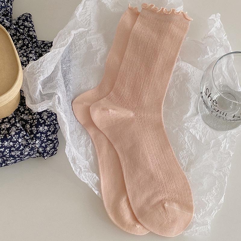 Women s Summer White Mulberry Silk Mid-Calf Ballet Style Lace Mesh Ruffle Socks One Size 36-39: Seamless Lace/7A Antibacterial
