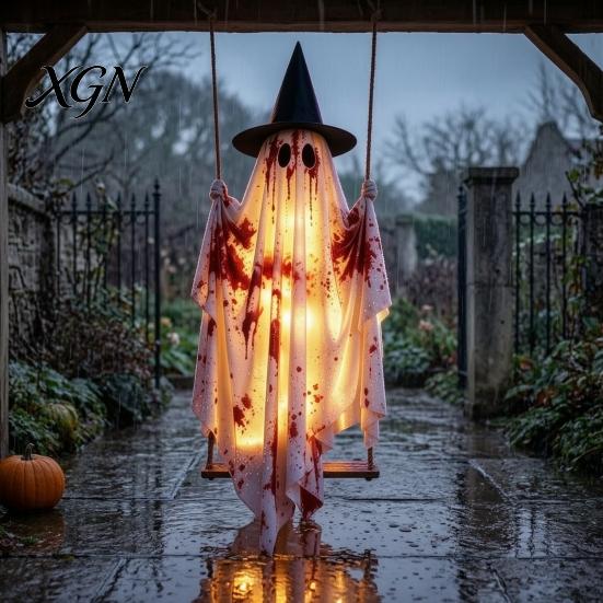 Leuchtende Hängende Figur Schaukel Geist Halloween Dekoration, Gruselige Leuchtende Große Schwingende Wasserdichte Batteriebetrieben mit Blutfarbenem Stoff für Veranda