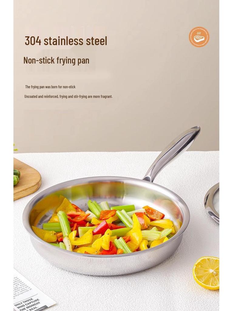 304 Edelstahl Antihaft-Pfanne, Verdickte Drei-Schicht-Flachbodenpfanne, Perfekt für den Haushalt zum Wok-Braten