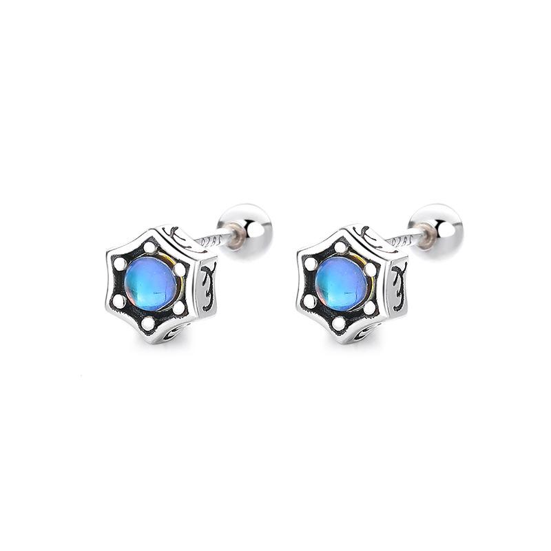 Earrings Women S Retro Screw Buckle Design Trendy High-End Moonstone Hexagram Men S Earrings 925 silver