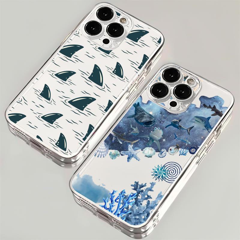 Sharks Cute sea blue pattern design Phone Case Transparent Phone Case For iPhone 16 15 14 13 12 11 Pro Max XR Plus