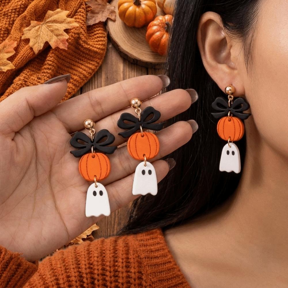Acrylic Bow Ghost Pumpkin Earrings Spooky Charm Halloween Dangle Earrings Gothic Dress Up