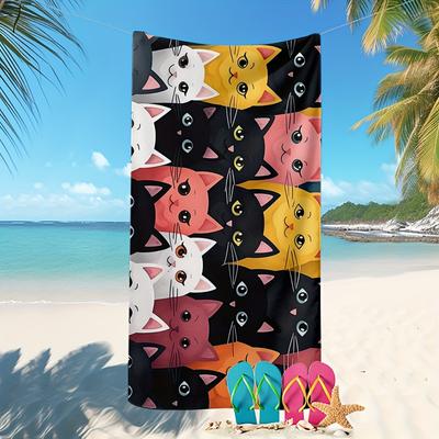 Cartoon Cat Print Beach Towel, Super Soft Absorbent for Swimming Vacation Travel Fitness Camping