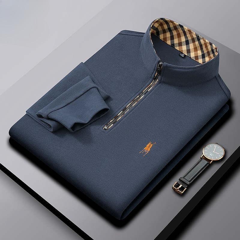 TrendHub Men's Embroidered Half Zipper T-shirt High End Brand Autumn Winter Leisure Fashion Comfort Long Sleeved Stand up Collar T-Shirt