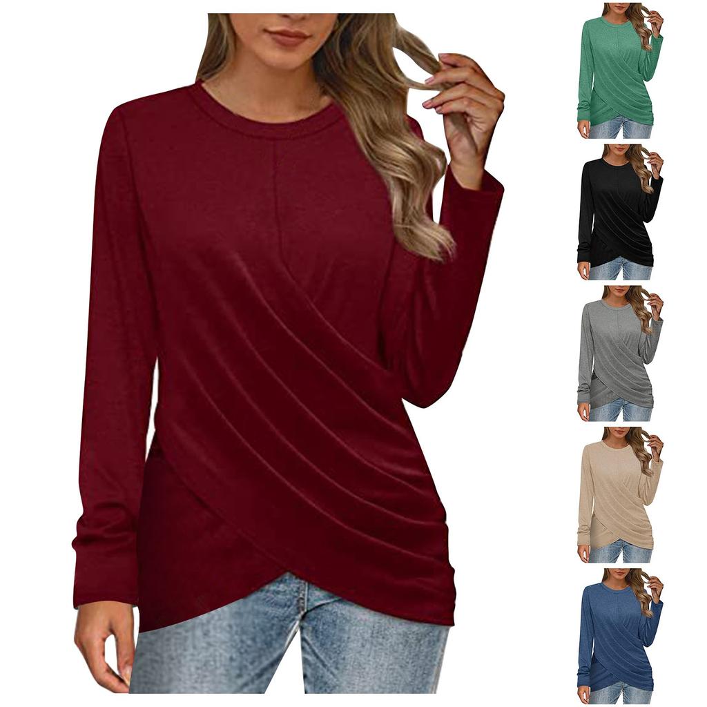 Women's Fashion Casual Round Neck Cross Pleated Loose Long Sleeve Top