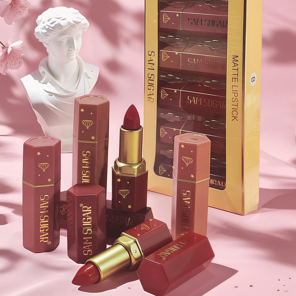 Batom Sereia Acabamentos Cintilantes e Perolados Batom Tons Vermelhos Longa Duração Acabamento Matte Brilho Labial, Presente de Natal Perfeito