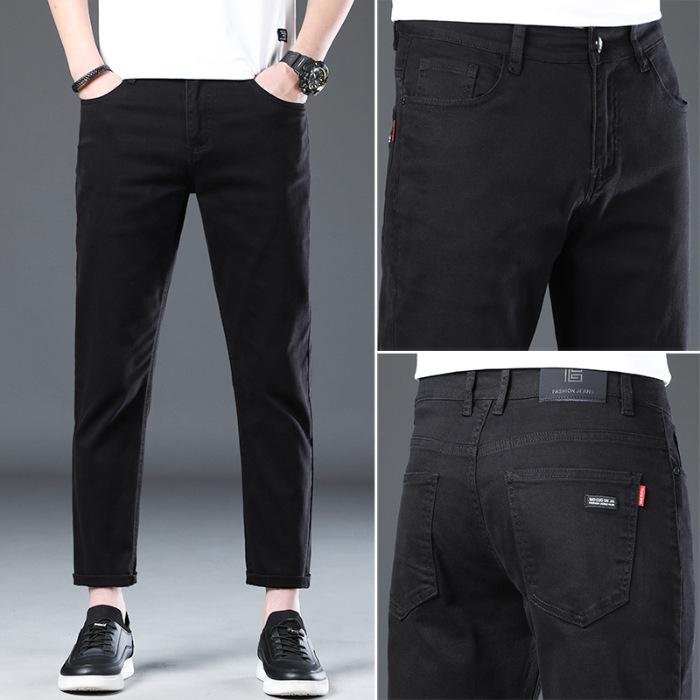 New Nine-point Non-disappearing Pure Cotton Black Stretch Men's Korean Version of Slim Straight Jeans
