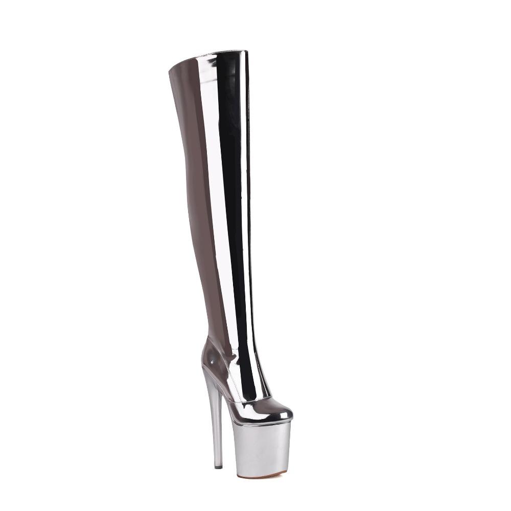 Sexy Women Over The Knee Boots 20cm Girls High Heel Pole Dance Shoes Triple Pleated Patent Leather Motorcycle Round Toe Zip Shoes Plus Size