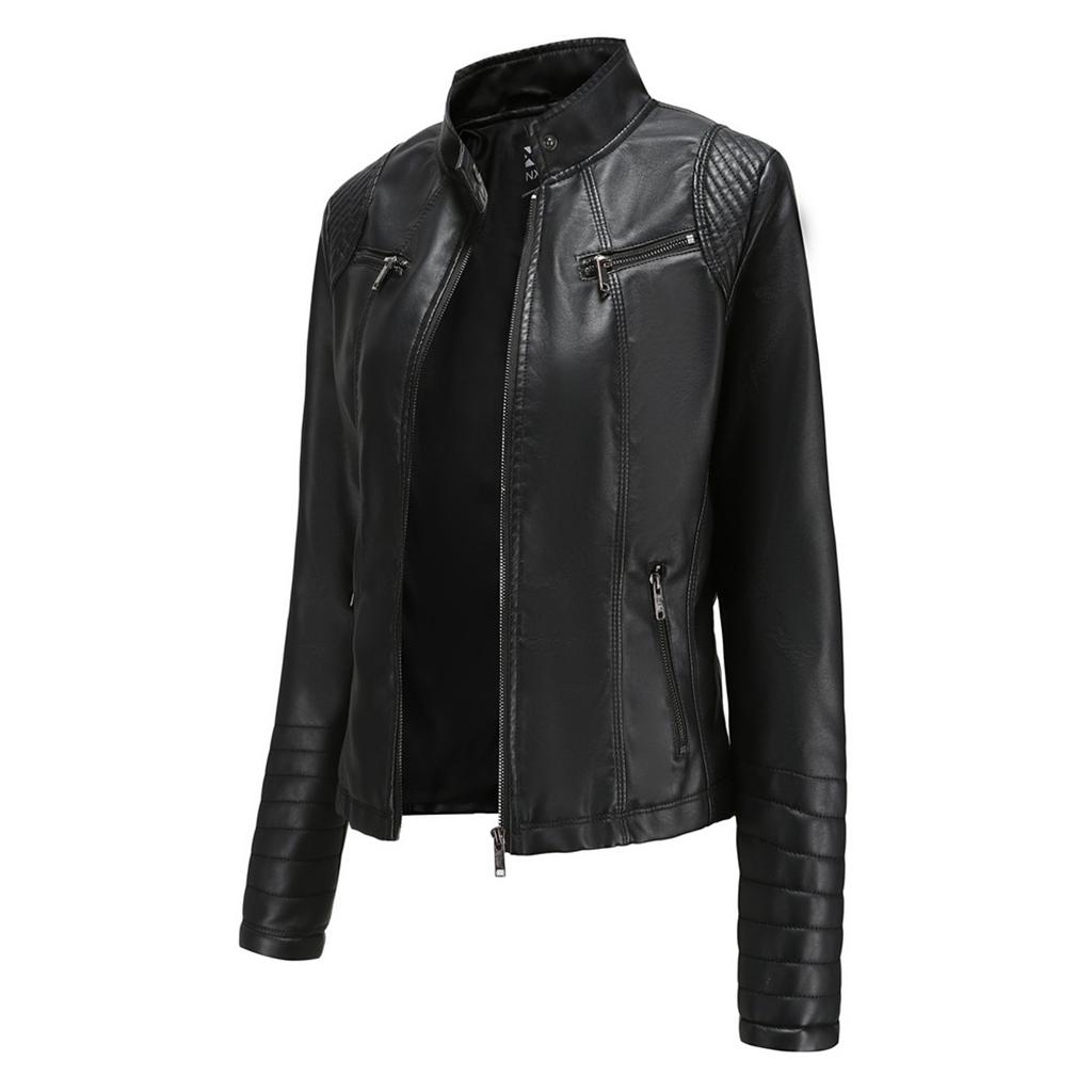 Women's Slim Leather Stand-Up Collar Zipper Stitching Solid Color Jacket