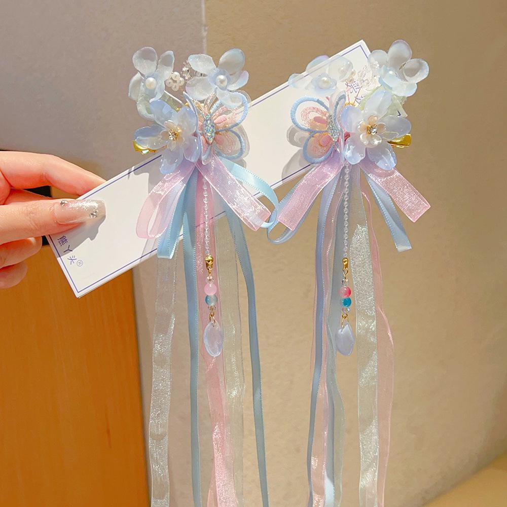 Ancient Style Hanfu Princess Butterfly Hair Clips with Long Ribbons - Children's Chinese Fairy Hair Accessories (Pair)