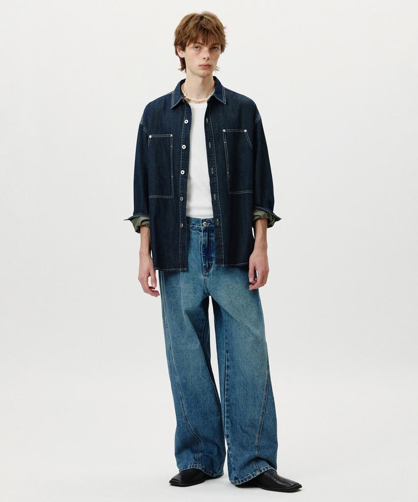 Nopeimeoseu Carpenter Pocket Denim Shirts (Blue)
