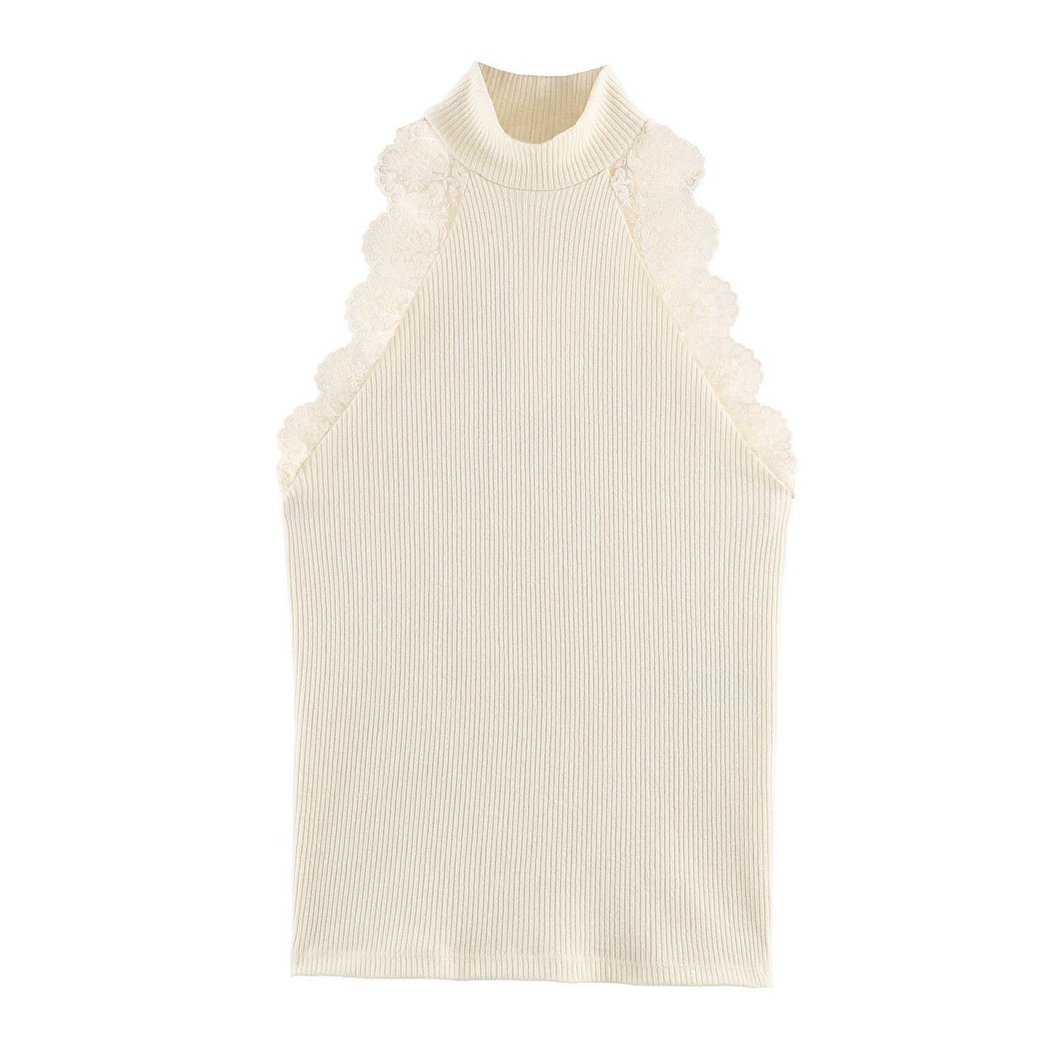 European and American Style New Women s Clothing Sleeveless Half-High Neck Lace Ribbed T-Shirt 5039003 S абрикосовый