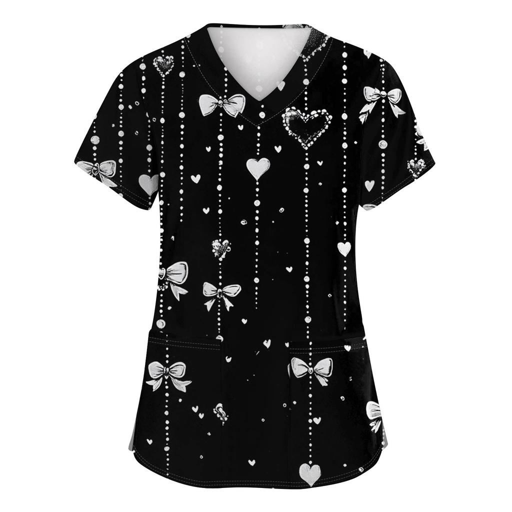 Women's Fashion V-Neck Short-Sleeved Workwear With Pockets Valentine's Day Printed Top Caregiver Uniform