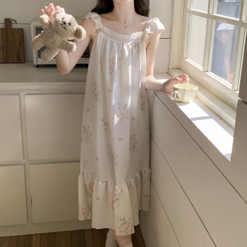 Cloud Cotton Summer New Small Fresh and Colorful Flower Cool Nightdress Light Breathable Pajamas Long Skirt Women's Loungewear