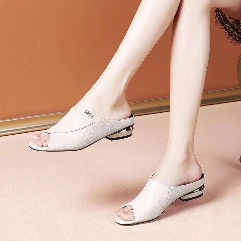 Sandale de vară pentru femei din piele moale cu toc gros: Papuci de exterior cu degete descoperite