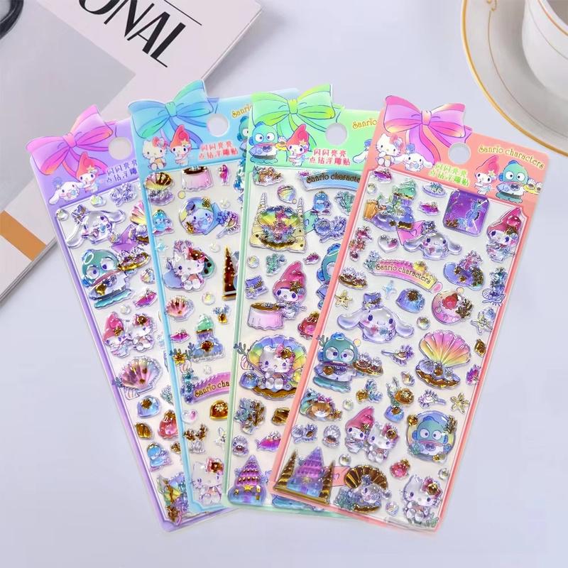 4 Pcs Hello Kitty Kuromi Melody 3D Relief Stickers Set for Kids Guka Decorative Diamond Stickers Mixed Animation Derivatives