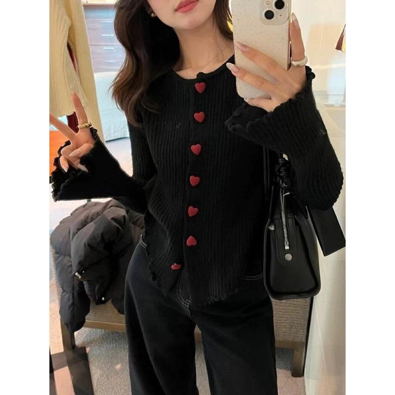 

Женский вязаный кардиган на пуговицах, легкий, осенне-зимний, новый, с круглым вырезом, рукавами-колокольчиками, застежкой-сердечком, базовый свитер-жакет One size чёрный