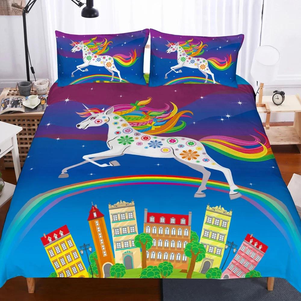 Bedding Set Single Double Twin Queen King Size Bedsheets 3D Printed Flying Cartoon Unicorn Duvet Covers With Pillow Cover Strips
