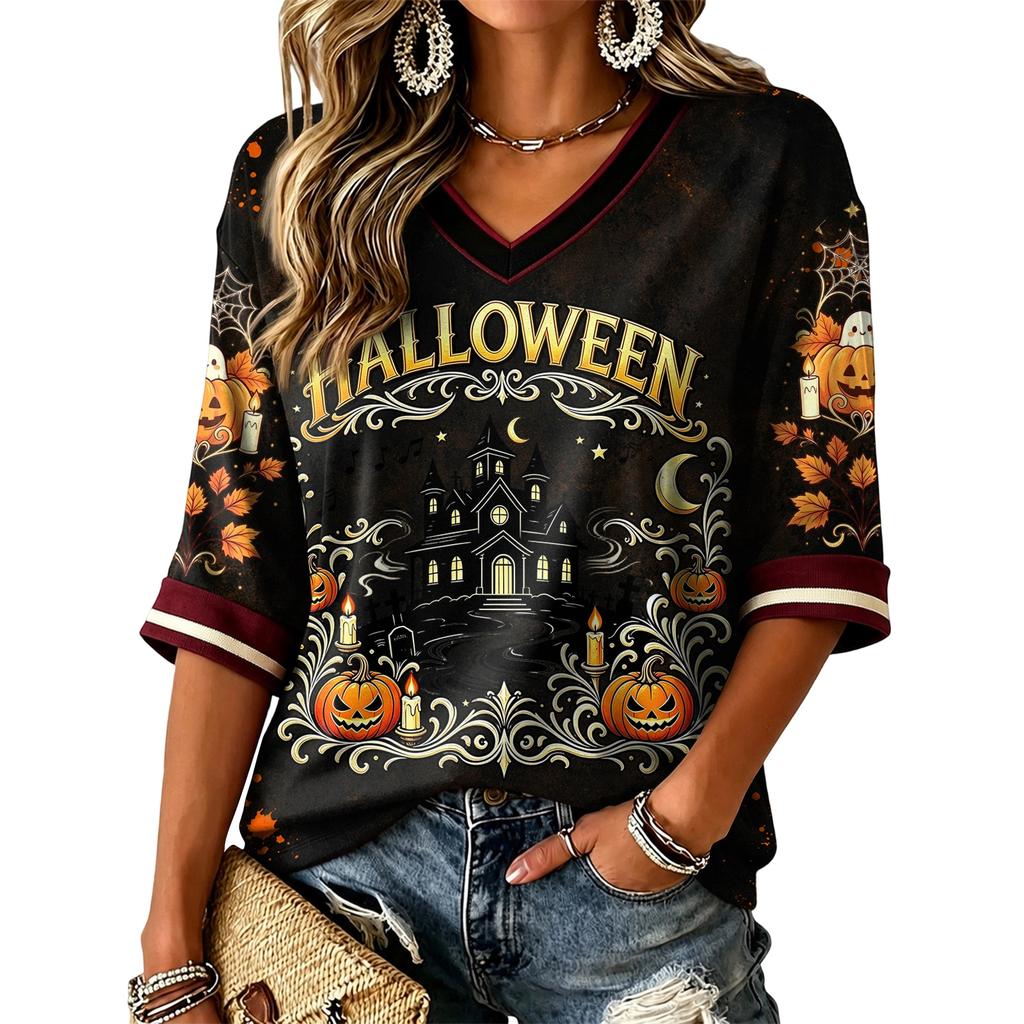 Women's Casual Halloween Printed V-Neck T-Shirt