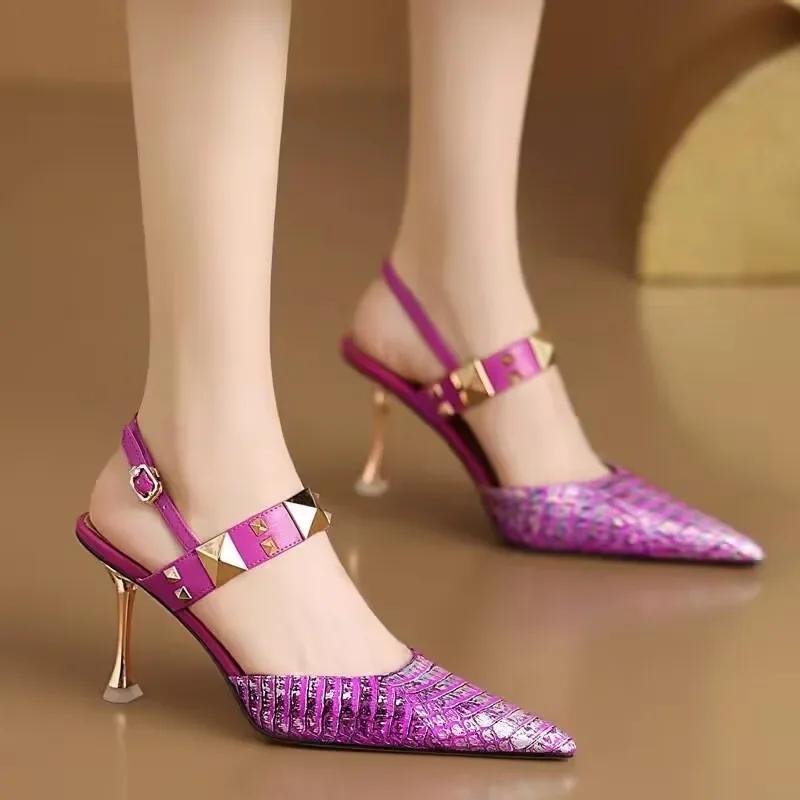 2025 Women's High Heels Plus Size Party Pumps Women Rivet Pointed Toe Buckle Strap Thin Heels Sandals Shoes for Women Zapatos