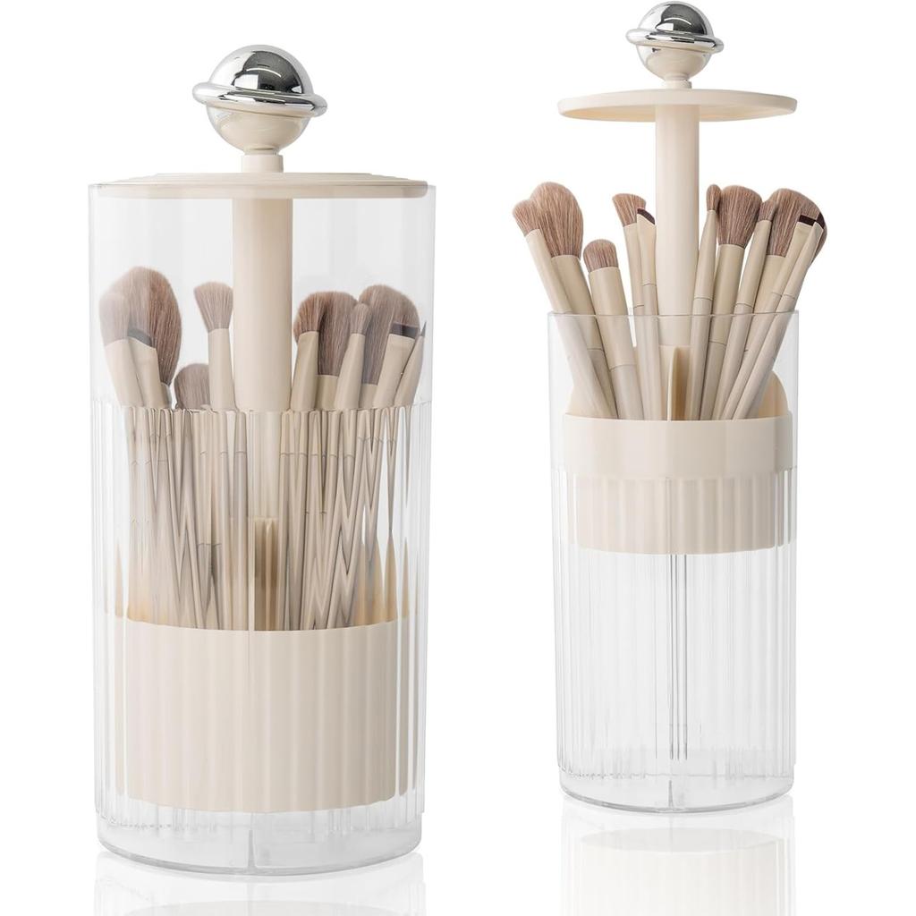 Upgraded Press-Pop Makeup Brush Holder One-Touch Open Dustproof Organizer With Clear Lid For Vanity Desktop Bathroom 2 Colors