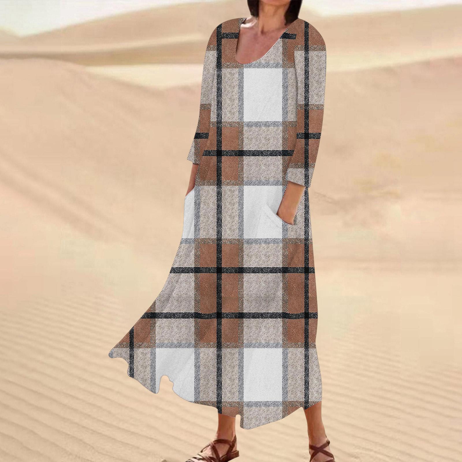 

Women s Casual Retro Striped Print Three-Quarter Sleeve Comfortable Pocket Dress L оранжевый