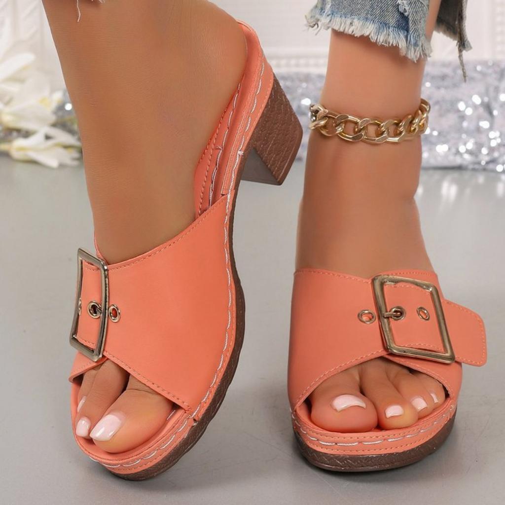 Fashion 2025 summer new fashion large size women's thick heel buckle metal buckle slippers with beach slippers