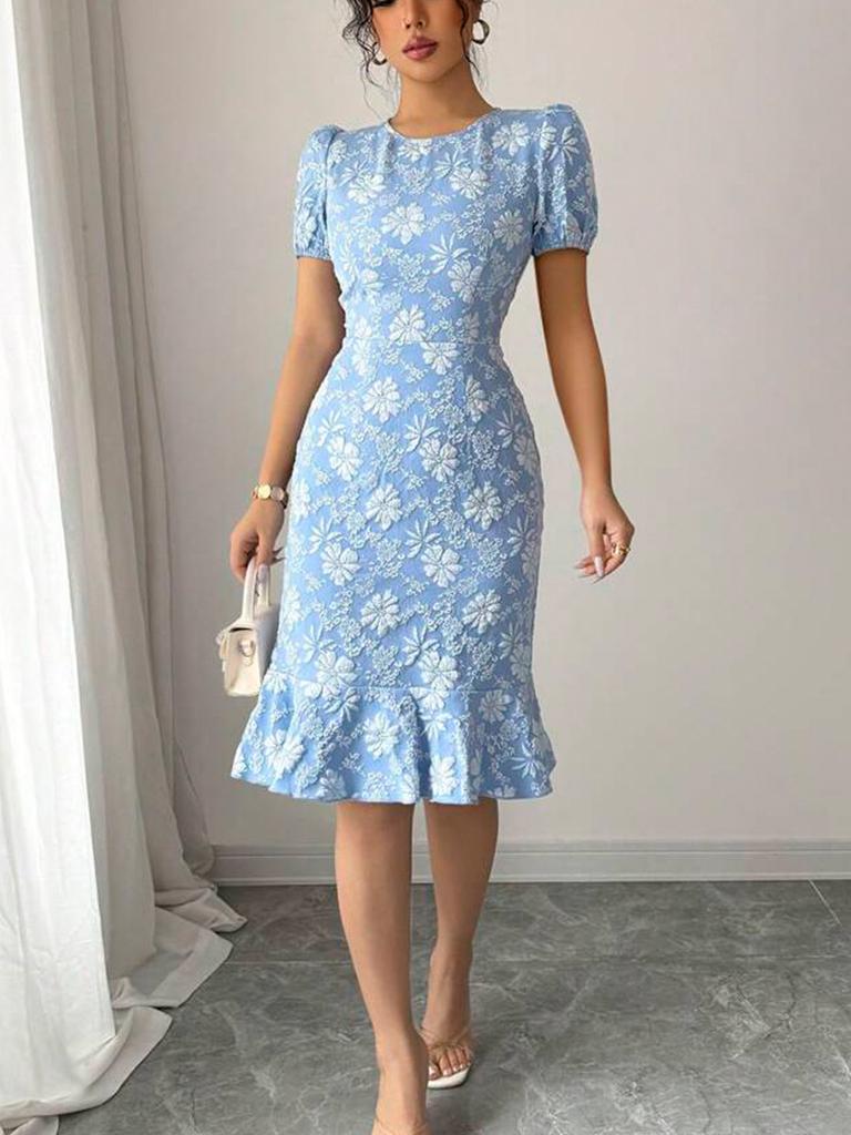 Overseas Summer New Arrival Small Daisy Relief Dress Slim Fit Mermaid Tail Short Sleeve