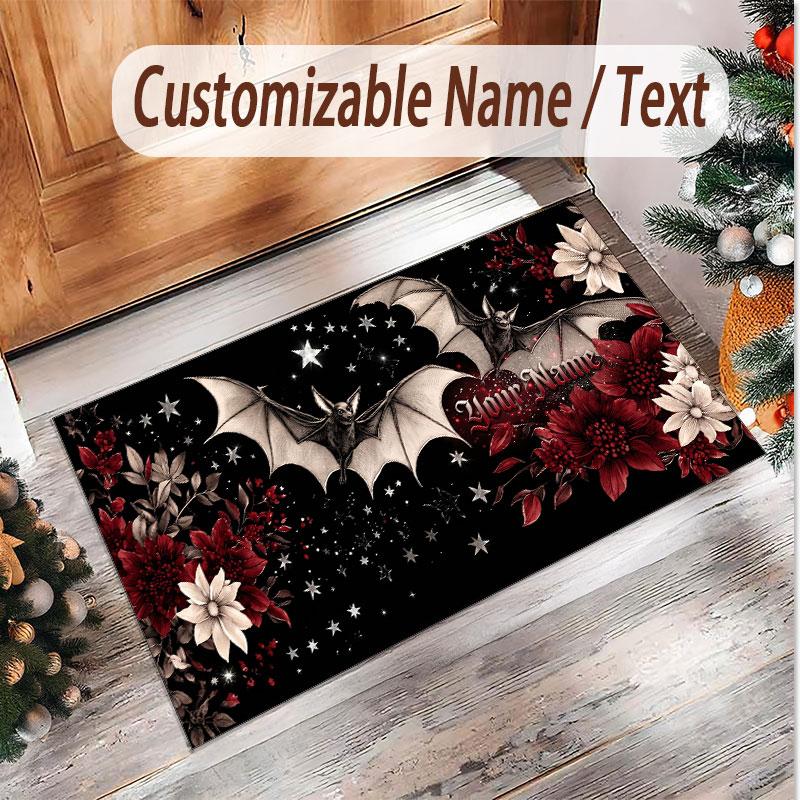 Rose Floral Theme Soft Crystal Velvet Rug Custom Name & Text Print Non Slip Floor Rug for Bedroom Living Room