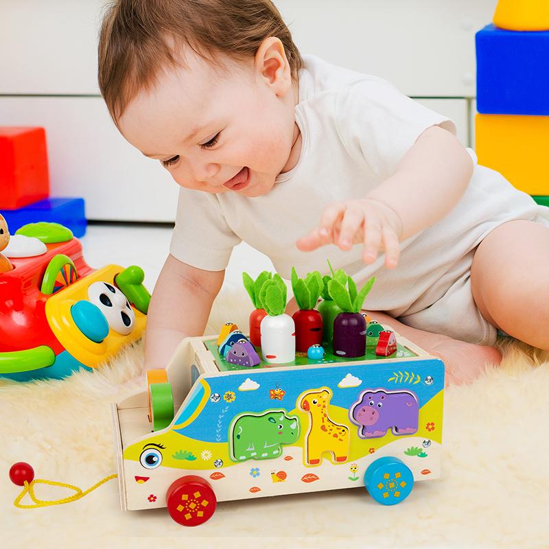Jeu de Puzzle en Bois Multifonctionnel Forme d'Animal à Assembler pour Enfants Jeu de Tirer la Carotte Chariot de Pêche pour Bébé Blocs de Construction