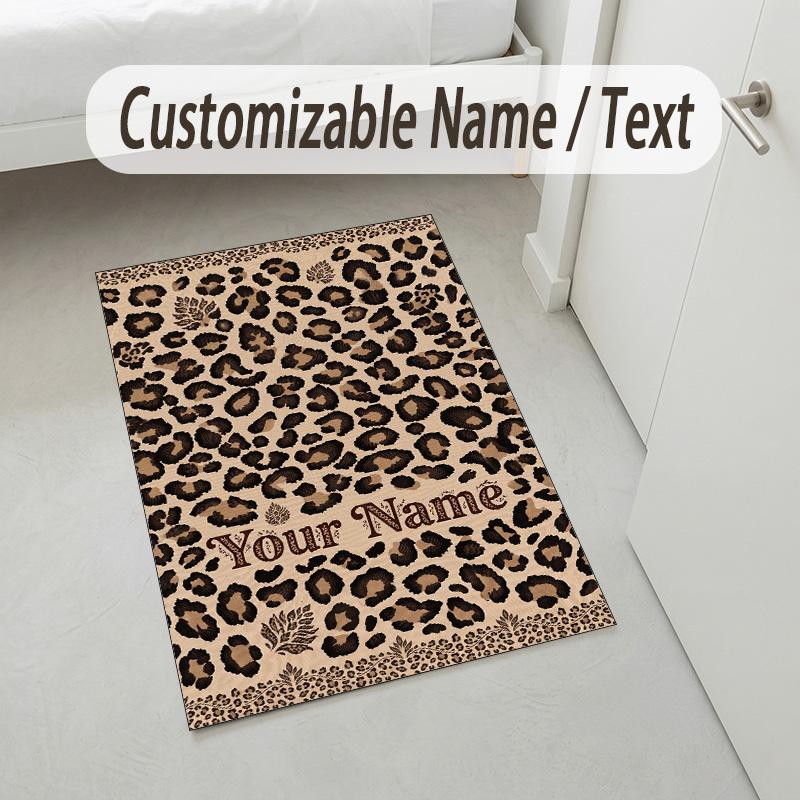 Leopard Print Theme Soft Crystal Velvet Rug Custom Name & Text Print Non Slip Floor Rug for Bedroom Living Room
