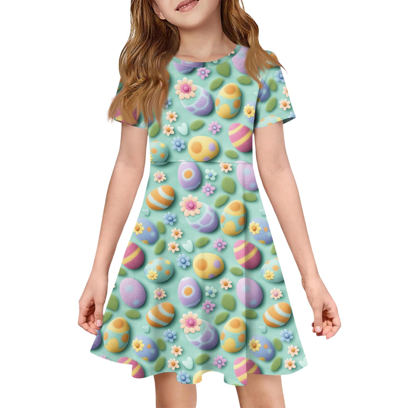 

Girl Summer Dress Color & Print Short Sleeve Dress With Pocket Casual Dress Shorts Sleeve Party Dress Easter Day 140