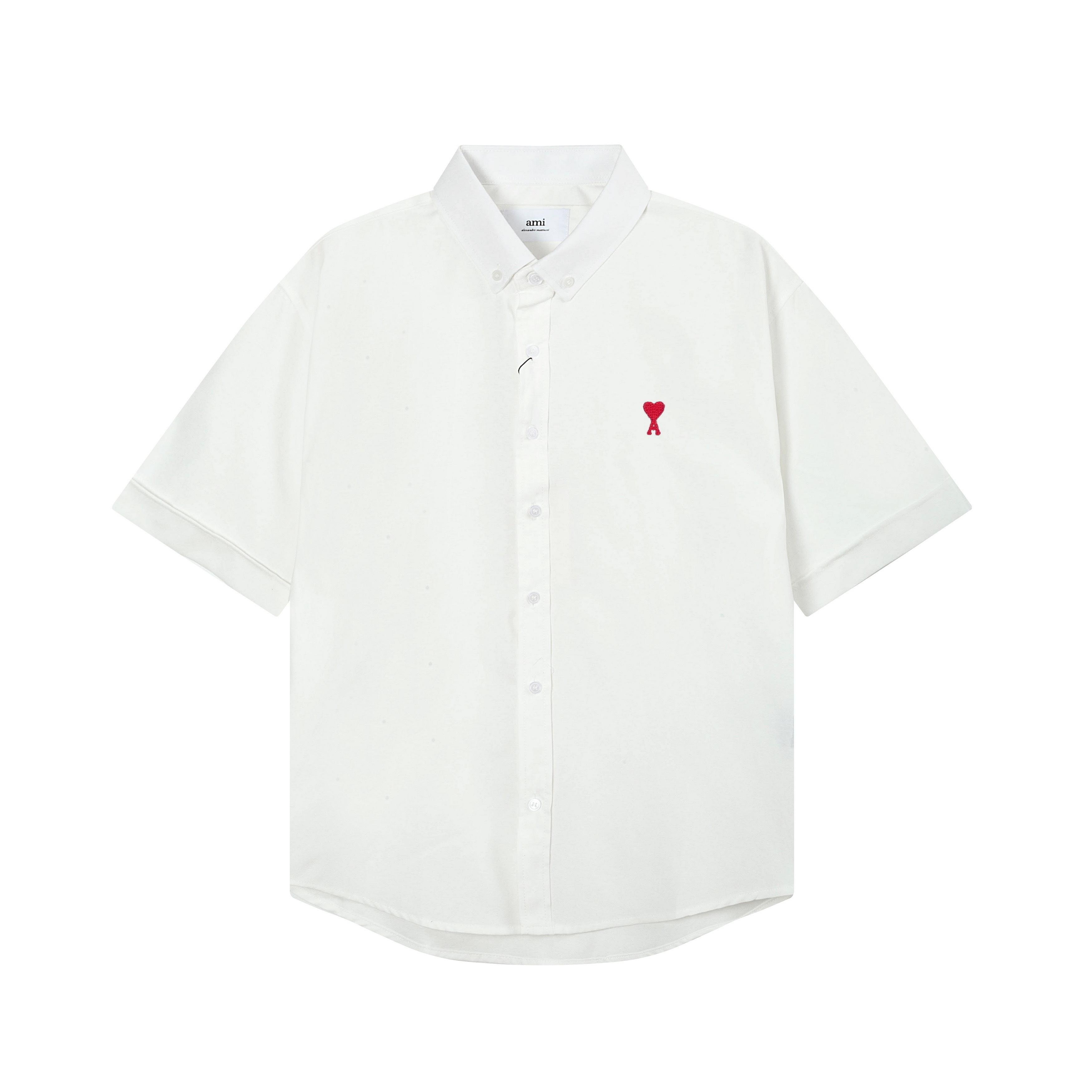 

AMI Classic Весенне-осенняя Повседневная Хлопковая Однотонная Рубашка с Коротким Рукавом и Вышивкой Красного Сердца на Груди L