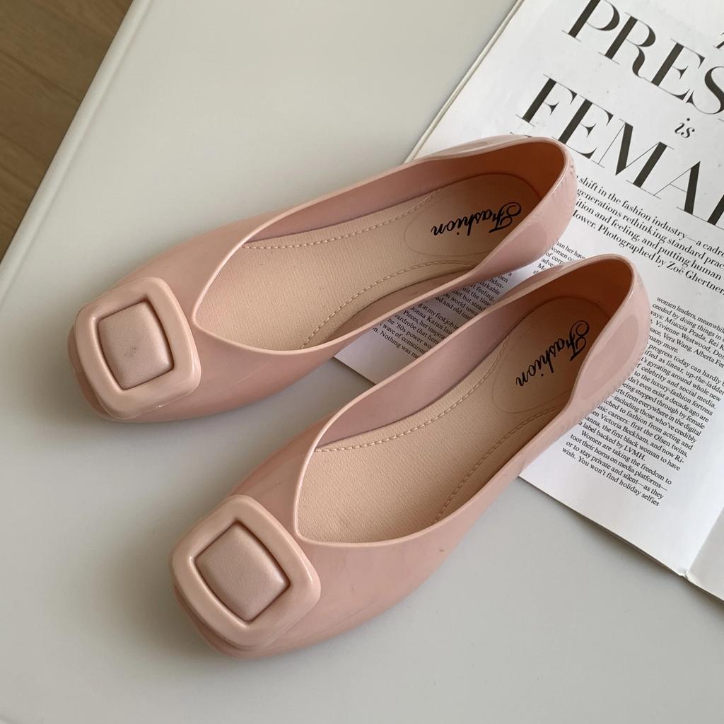 Fashion Women's Summer New PVC Solid Color Square Button Sandals Fashion Shallow Mouth  Casual Flat Women's Single Shoes