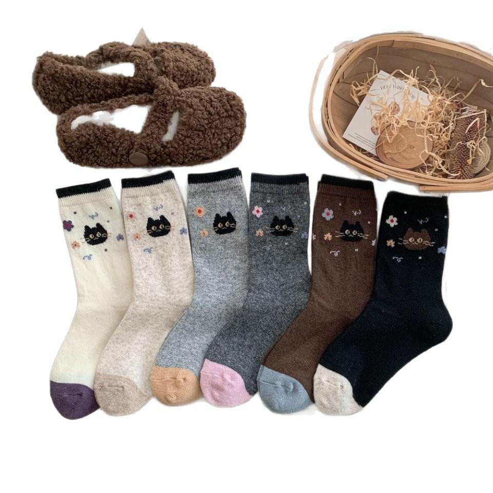 Warm Wool Socks Children'S Medium Tube Socks Seasonal Thickened And Velvet Cute Cat Cartoon Winter Stockings