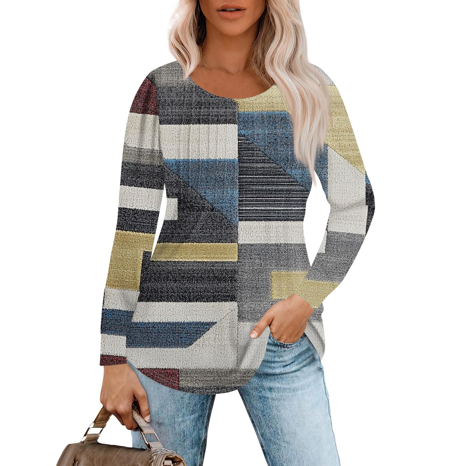 

Женская модная повседневная плиссированная футболка с круглым вырезом и геометрическим квадратным принтом с длинным рукавом L синий