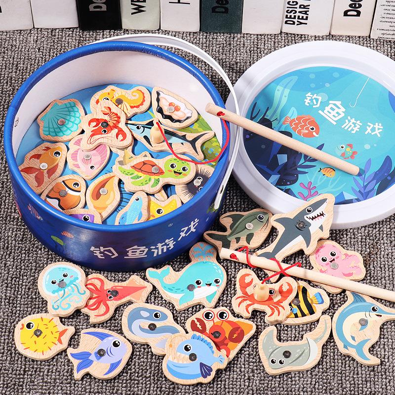 Magnetic Wooden Barrel Marine Fishing Toy Children's Early Education Educational Cognitive Fun Parent-Child Game