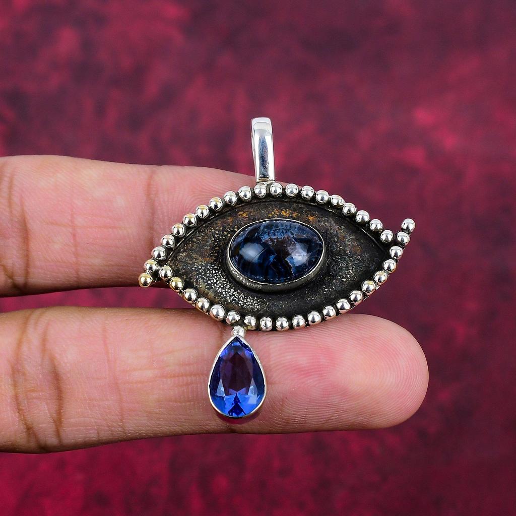 Pietersit, Tansanit Handgefertigter Edelsteinanhänger, 925 Sterlingsilberanhänger Antikschmuck, Anhänger für Verlobungsgeschenk