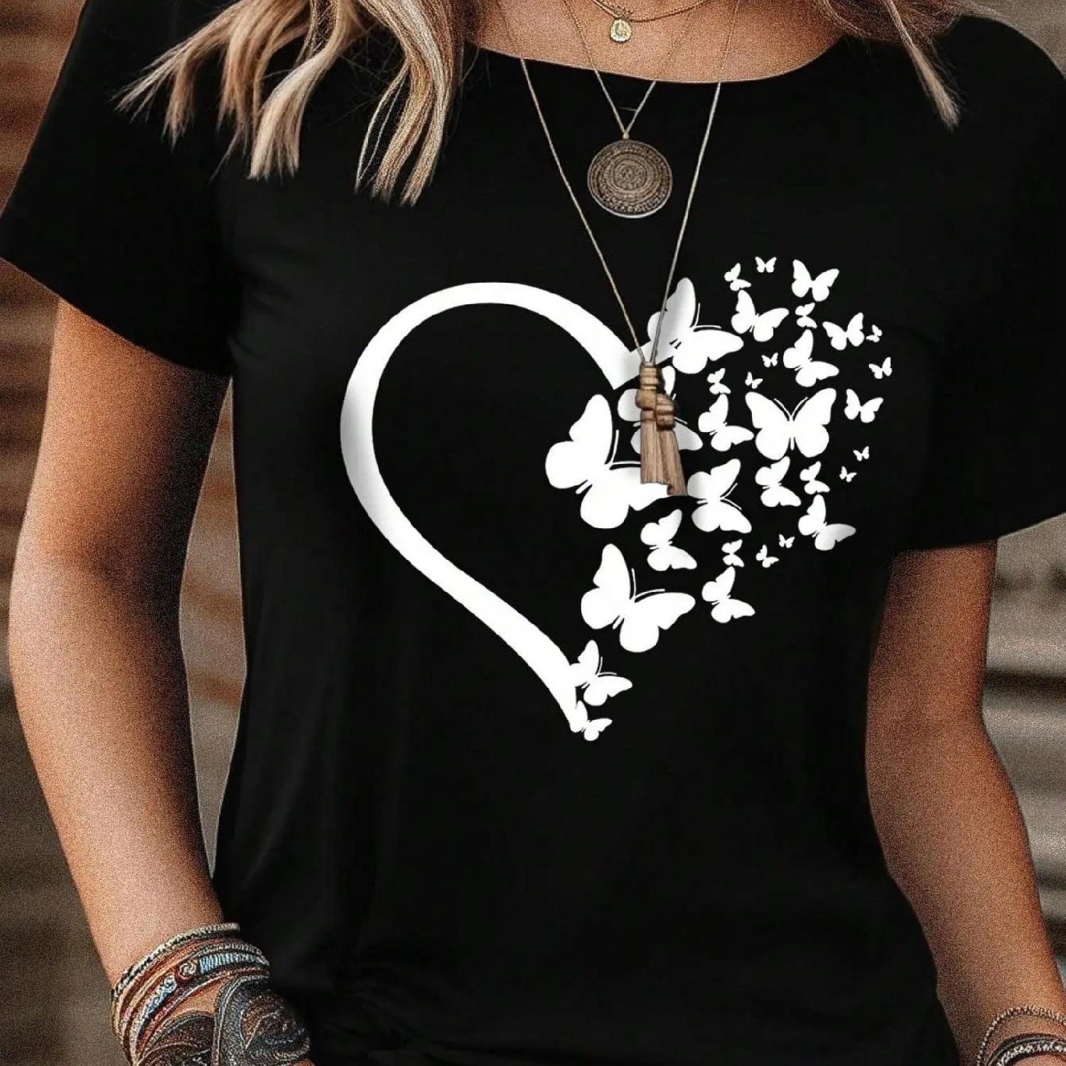 Women s Heart & Butterfly Print T-Shirt Graphic Tees Women Tops S