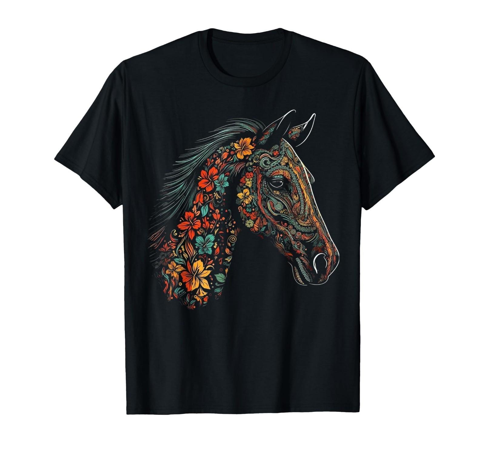 Horse Artwork Flowers - Colourful Riding Animals Horse T-Shirt Mens Womens Tees Top 3XL