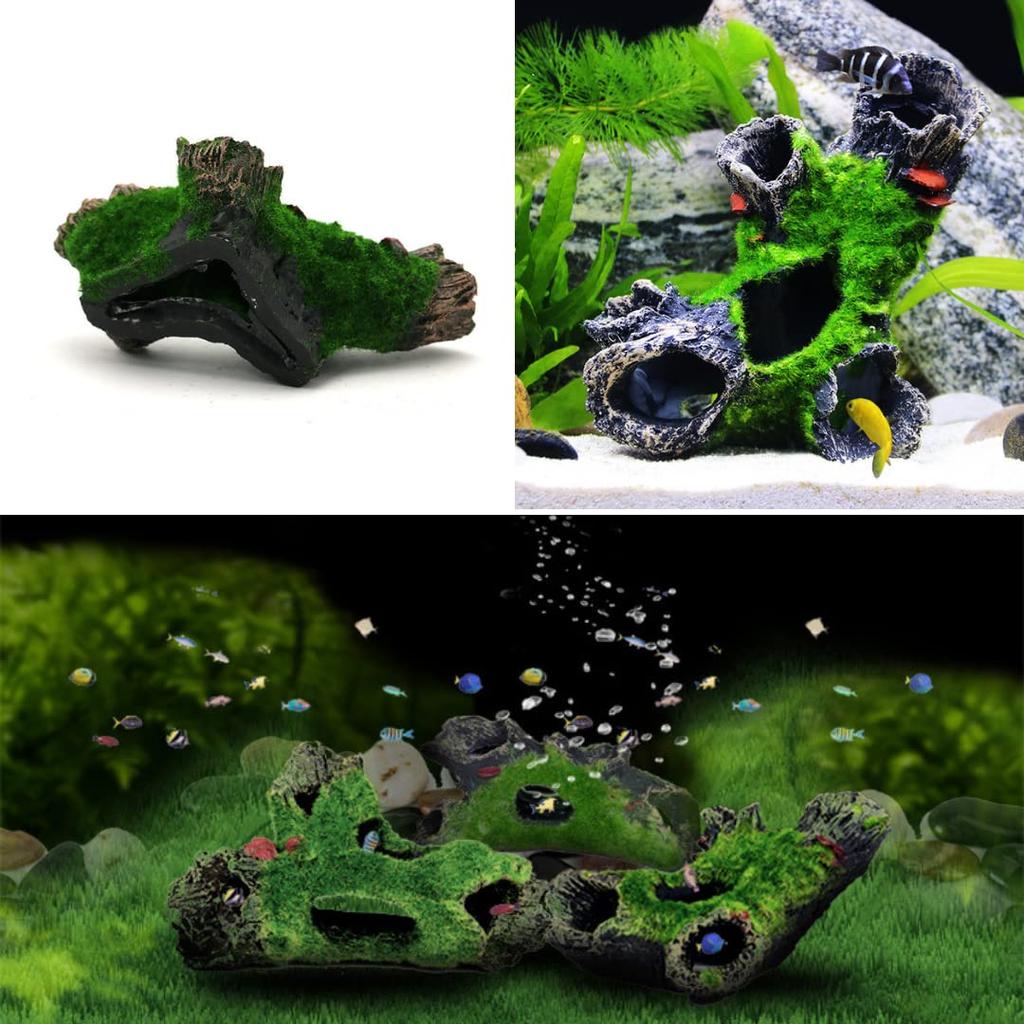 Charmoon Driftwood and Moss Greenery Hideaway Realistic Aquarium Ornament Shelter, (Type 1)