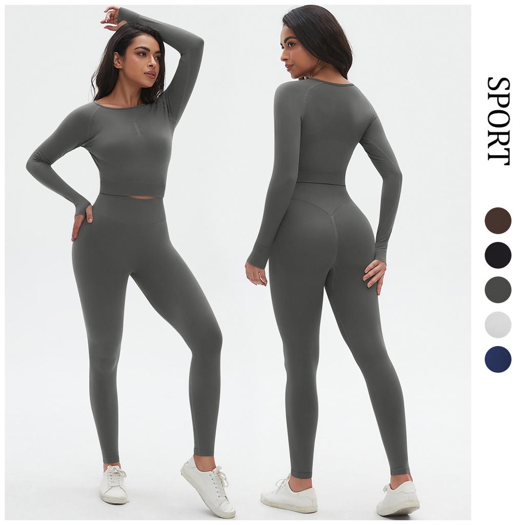 Seamless Yoga Suit Set, High Waisted And Hip Lifting Peach Pants, Tight Fitting Long Sleeved Top, Running And Fitness Two-Piece Set For Women