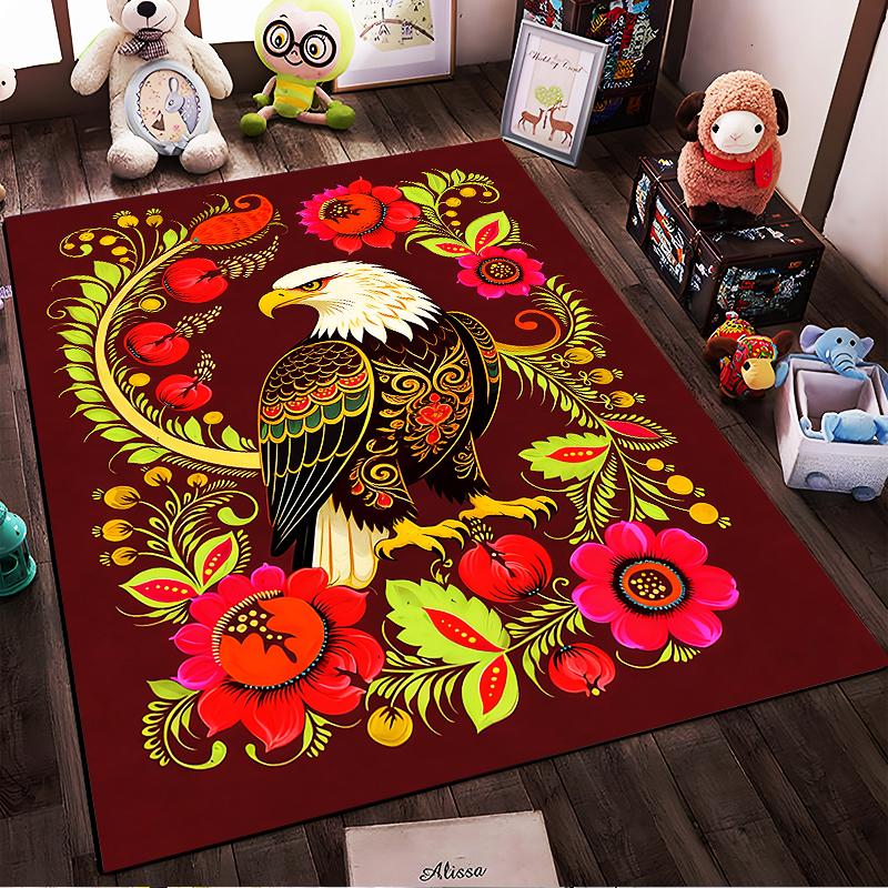 Eagle and Floral Pattern Carpet with Vibrant Red and Colorful Design Suitable for use as an anti-slip for living room bedroom sofas