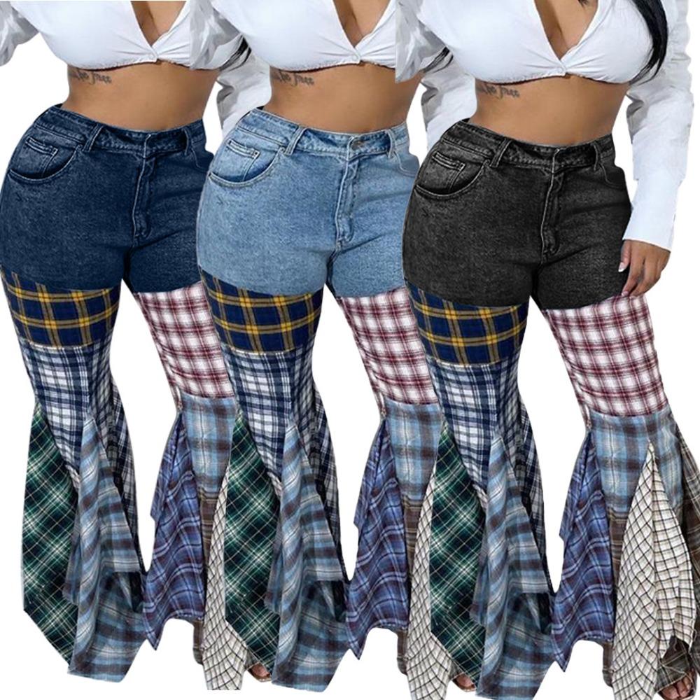 Women's Mid Rise Flared Jeans Medium Stretch Streetwear Multi Plaid Patchwork Ruffled Hem Ice Washed Denim Bell Bottom Trousers
