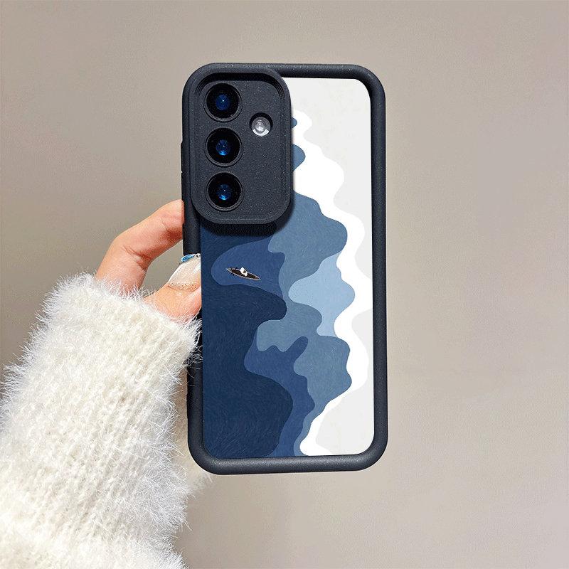 Bedruckte Modehülle mit Ozeanmuster + Schwarzes Schlüsselband Flexible Weiche Silikon TPU Schale Vollständige Rückseite für IPhone Samsung Xiaomi Redmi