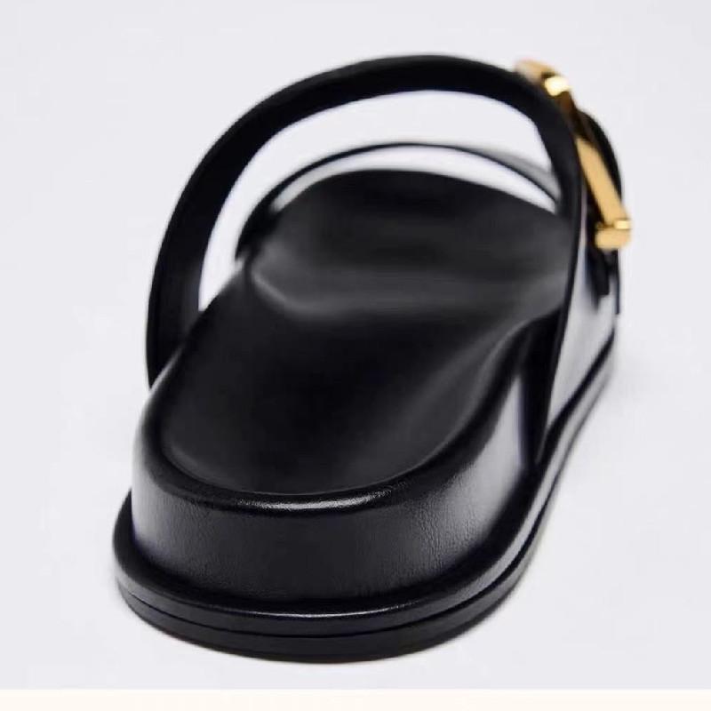 Fashion Black Pu Metal Buckle Brand Flat Sandals Women Fashion Broadband Open Toe Thick Bottom Slippers Comfort Soft Sole Beach Sandals