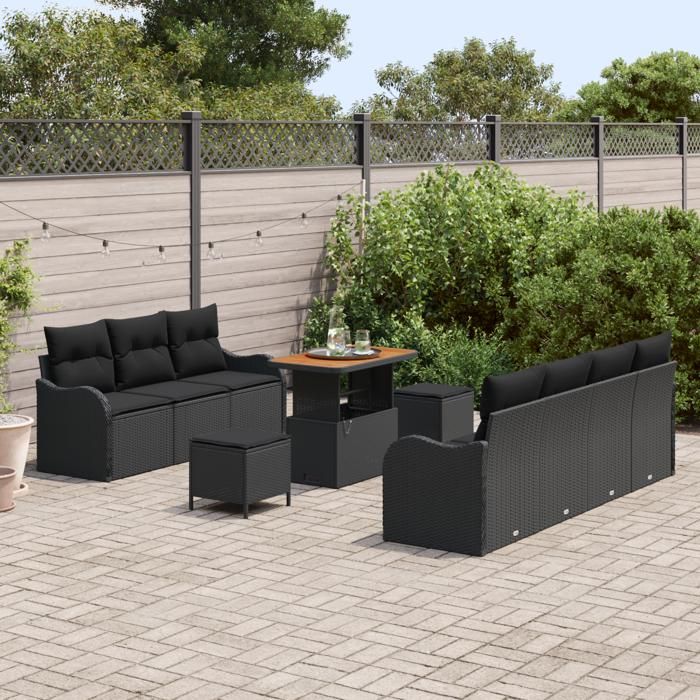 10-piece Garden Sofa Set with Black Synthetic Rattan and Acacia Cushions, 2-seater Garden Sofa 3364179