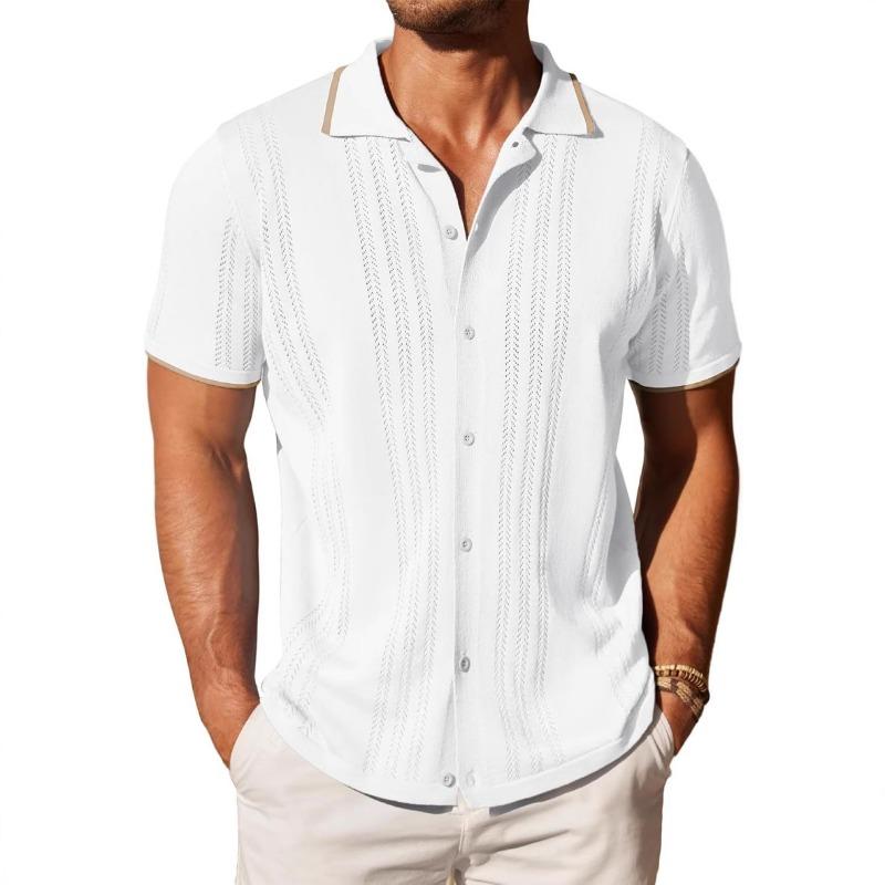 Mens Contrast Trim Short Sleeve Knit Polo Shirt Button Down Hollow Out Casual Summer Top S белый