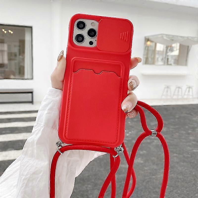 Case cover For Iphone 12 / 12 Pro Sliding CamerCover Design Tpu Protective Case With Card Slot & Neck Lanyard(red)