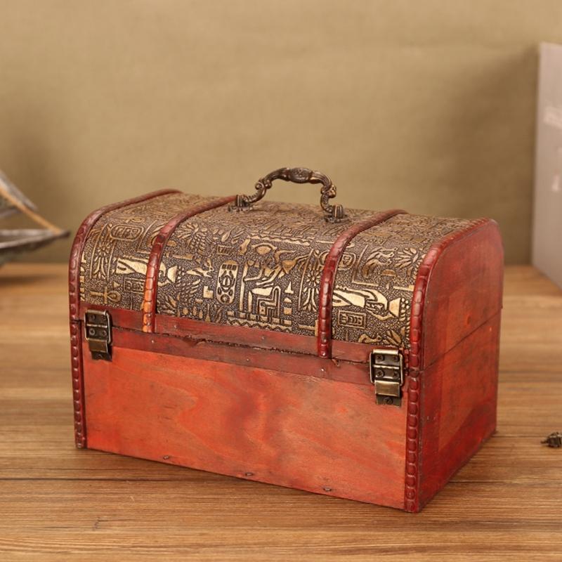 Vintage Wooden Treasures Chest Decorative Keepsakes Storage Container with Lock Antique Jewelry Organiser for Women